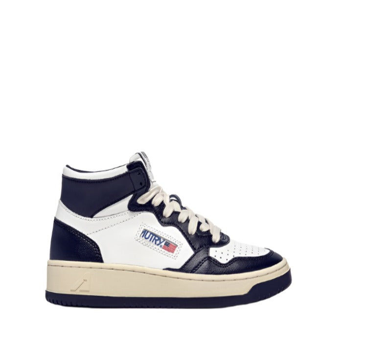 Autry Medalist Mid Sneakers in White and Blue Leather