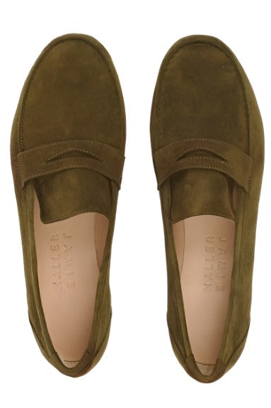 Jamie Haller Suede Penny Loafers in Olive